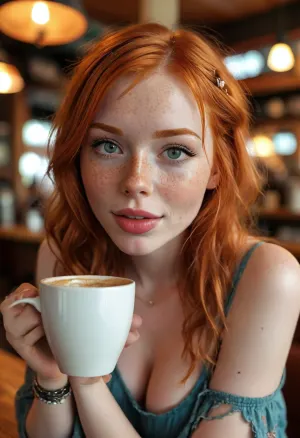gorgeous ginger hipster with anime hair licking her lips, pale redhead with freckles, (((seductively LICKING her lip))), smiling, flirting, horny, in a trendy coffee shop, boho style, Bohemian style, large, breasts, big, boobs, huge, tits, <lora:MJ52:.8>, <lora:bombshell_v2:.8>
