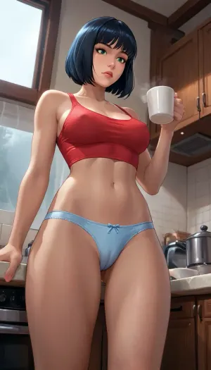 Reiq art style., (black hair), (bob haircut), (green eyes), (21 years old), (tanned skin), (severe look), (large tits), cleavage, (athletic), in kitchen, drinking hot coffee, night, standing, looking upset, wearing a red tank top and light blue large panties, looking sévère, looking away, dynamic angle, bedroom, staekinglight, pcpcpc, camel-toe, <lora:nai3animation_v2.6.1-000100:.8>, Brown, skin, <lora:Tan_Pokemon_Anime_style_girl:1.1>, lineart, LineAniAF, <lora:LineAniRedmondV2-Lineart-LineAniAF:.8>, low view angle