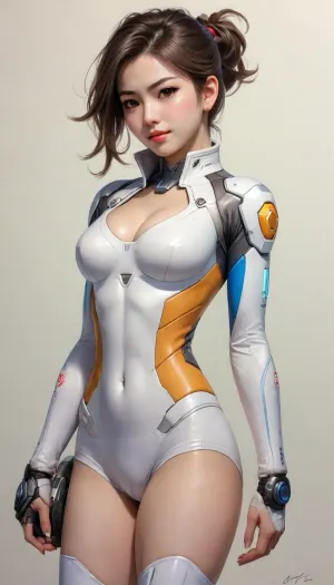 candid shot, dynamic composition, beautiful girl D, VA overwatch, touches her lips with her fingers, hand rests on her hip, smile, full height, athletic build, stands with her back forward, chiaroscuro, glare, high detail, stylistics. Yoshitaka amano, watercolor and pencil drawing, grace and elegance, bright colors