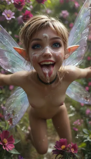 Cinematic still, ((small pixie)), ((flying above a flower meadow:1.8)), insanely beautiful, (pointed ears), submissive, cute, gorgeous, ((slim:1.3)), ((muscular)), perfect small breasts, dark makeup, eyeliner, eyeshadow, mascara, long eyelashes, slim waist, nude, brown leather choker, striking facial features, ((blue eyes)), (thin eyebrows:1.3), ((colourful fairy wings:1.6)), narrow face, wet skin, silver jewelry, (((looking directly to the viewer))), (mouth ripped open), (long perfect tongue stuck out), ((cum on face:1.9)), ((cum im mouth)), bukkake, (devot), (very happy:1.4), perfect teeth, view from front, 4k epic detail, shot on kodak, 35mm photo, sharp focus, high budget, cinemascope, moody, epic, film grain, grainy, score_9, score_8_up, score_7_up, rating, explicit, big_eyes, but, rpgpixie, <lora:style_lora_realis:2>, <lora:BUT_SDXL_SHS:2>, <lora:SDXLHighDetail_v6-000005:2>, <lora:RPGPixieXL:1.5>