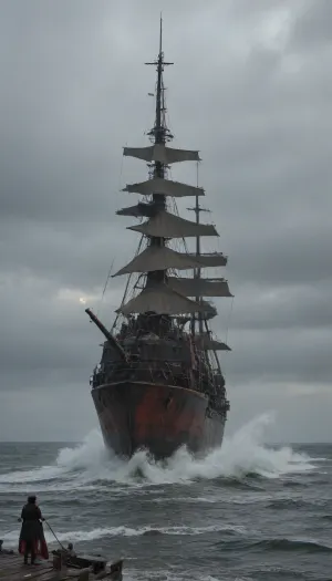 Photorealistic cinematic photograph of the legendary pirate ship Queen Anne's Revenge, Blackbeard's flagship, battling a ferocious stormy sea. Massive 18th-century wooden galleon with weathered dark hull covered in barnacles, intricate rigging, tattered black sails, multiple skull and crossbones flags whipping in the wind, cannons visible on deck. Giant crashing waves with realistic white foam and spray, ship tilting dramatically in the storm, heavy rain, dark ominous clouds, lightning strikes illuminating the scene. Ultra-detailed textures on wet wood, ropes, sails, and metal, natural dynamic lighting, moody atmosphere, shot on high-end camera, 8k resolution, National Geographic level realism, sharp focus, masterpiece