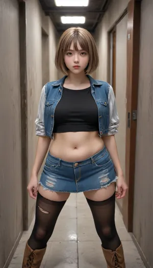 A stunning young East Asian very fat obese woman with short blonde bob haircut with dark roots, sharp dark brown almond-shaped eyes, delicate East Asian facial features, high cheekbones, fair skin, intense and confident expression looking directly at the viewer.She stands in a powerful stance in an industrial doorway, left hand gripping the metal door frame, legs apart. Wearing a blue denim cropped vest over a black top and striped long-sleeve shirt, distressed ripped denim mini skirt, heavily torn black tights with large holes, and brown knee-high leather boots with buckles.Background, abandoned industrial building with large bright windows behind her, wet concrete floor, cool natural daylight creating strong contrast and subtle rim lighting. Ultra realistic skin texture, detailed fabric textures on denim and torn tights, realistic hair strands