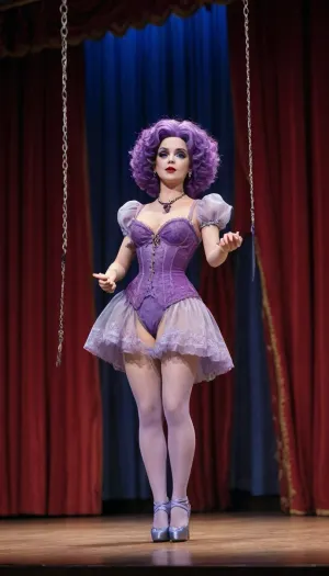 Malvina, (Buratino), with large breasts, dressed in a purple lace bra, purple lace panties, purple lace stockings, and purple high-heeled shoes, depicted as a marionette doll, curly blue hair, standing on the stage of Karabas Barabas's theater.