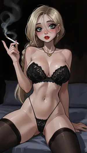 reiq meets innv and Jack cayless art style, 18 year old blonde girl, wearing black lace bra, black lace panties, black fishnet stockings, golden necklace, earrings, frontal view, long hair, low ponytail, green eyes, cute freckles, blushing, huge breasts, petite girl, perfect waist, perfect hourglass figure, skinny, slim, freckled face, tight waist, perfect hands, perfect fingers, perfect anatomy, masterpiece, best quality, high resolution, ultra detailed, perfect breasts, red lips, pale skin, sexy pose, smoking, sitting on bed, legs spread, dark bedroom, dynamic sexy pose, ratatatat74, <lora:EnvyBeautyXL02:1>, <lora:mk_Bp Anime_xl:1>, <lora:EnvyAnimeDigitalPaintingXL01:1>, <lora:ratatatat74-000050:1.9>