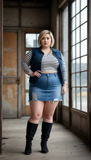 A stunning young East Asian very fat obese woman with short blonde bob haircut with dark roots, sharp dark brown almond-shaped eyes, delicate East Asian facial features, high cheekbones, fair skin, intense and confident expression looking directly at the viewer.She stands in a powerful stance in an industrial doorway, left hand gripping the metal door frame, legs apart. Wearing a blue denim cropped vest over a black top and striped long-sleeve shirt, distressed ripped denim mini skirt, heavily torn black tights with large holes, and brown knee-high leather boots with buckles.Background, abandoned industrial building with large bright windows behind her, wet concrete floor, cool natural daylight creating strong contrast and subtle rim lighting. Ultra realistic skin texture, detailed fabric textures on denim and torn tights, realistic hair strands