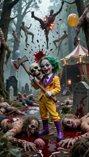 the sadistic insane killer lady clown, tiny, small, little, 5'2" tall, PETITE CLOWN, SKINNY MINI body, has a yellow suit with a purple tie, purple clown boots, bloody old english battle axe, chopping dead bodies apart, heads roll, heads are off zombies, head chopped off zombies, axe is in zombies head, axe is in skull, blood squirting, blood splatters out, at the circus, in a bloody forest, hundreds of dead bodies hang from trees, blood everywhere, multiple bodies are exploding up in sky, bodies everywhere, mutilated corpses everywhere, death everywhere, dead bodies everywhere, bodies splattered everywhere, brains on ground, guts cover a tombstone, bodies splattered on tent poles, graveyard in big tent with dead people climbing out, mass death, massacre, genocide, cemetery, cabin, haunted, clown, fog, abandoned circus, balloon, haunted carousel, horror circus, IN THE BIG TENT, INSANE CLOWN POSSE, WICKED CLOWNS, ICP, VIOLENT J, SHAGGY 2 DOPE, blood river through big tent, claws, fear, dread, <lora:Horror Theme_epoch_8:2>, <lora:BlackHorrorXL:2>, Stable-Yogis-Makeup-Enhancer-XL, goosaphone, green, hair, highlights, <lora:Goosaphone-000008:.8>