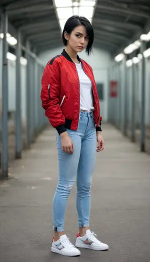 girl, athletic build, black hair, pixie hairstyle, wearing tight light blue jeans, red, black and white bomber jacket, white sneakers
