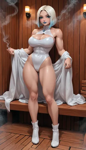 (innv meets jack cayless style), (reiq style, masterpiece, cel-shaded, limited color palette), ((Beautiful Muscles Sexy Emma Frost from marvel rivals body:1.5)), (1girl, solo, alone, 21 year old woman), (gorgeous, Blue eyes, Blonde Hair, bob cut hairstyle that frames face, ice blue lips, seductive face, ads, huge breast, muscles body, perfect hands, perfect legs, thick thighs, wide hips, big ass, sweaty body), (white and blue highlights, sleeved leotard that exposes upper chest Costume), (Ice Crystals shoulder pats), (long white heeled boots extend halfway up legs), (standing boss bitch posing), (sauna, steam, smoke, sauna background:1.3), ultraviolet light, LoL, Style, lineart, line, art, flat, colors, color, mad-ice, <lora:LCMTurboMix_Euler_A_fix:2>, <lora:lineartSDXL:2>, <lora:mk_Bp Anime_xl:2>, <lora:EnvyBeautyXL06:2>, <lora:Ice_SDXL:2>