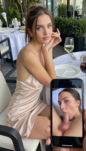 the same tall and skinny 21yo brunette woman, hair tied up, pale woman, classy makeup, (with tall narrow nose and narrow long face:1.2), POV she is sitting at the table in front of me on a date. Classy outdoor restaurant, fully clothed, across the table in front, she with a beautiful flowy modest silk dress and natural pretty face, day time. Aesthetic restaurant. Romantic. First date. She resting on her elbows. Drink wine. She looks on me with pleasure. Front view.
I seat against it in a foreground and holding smartphone in right hand. In the screen photo of the same girl flat on bed and sucking cock and scrotum between legs close up blowjob pov from above.
