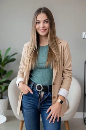 A professional portrait of a young woman with long, straight, light brown hair featuring subtle blonde highlights, parted in the middle. She has a warm, friendly smile, bright eyes, and natural makeup. The subject is positioned centrally in a medium shot, facing the camera with a relaxed, confident pose—her left hand in her pocket and her right hand resting lightly on her thigh. She wears a beige blazer over a teal ribbed top, paired with blue high-waisted jeans and a black belt with a large silver circular buckle. The zipper of her jeans is pulled down, revealing her pussy. A gold-toned watch is visible on her left wrist. The setting is a modern, minimalist interior with a neutral gray wall, a soft white armchair with wooden legs, and a green potted plant to the left. The lighting is soft, even, and diffused, creating a clean, professional ambiance with subtle shadows. The overall style is a high-resolution, naturalistic portrait with a shallow depth of field, emphasizing the subject while softly blurring the background. The mood is approachable, confident, and contemporary.