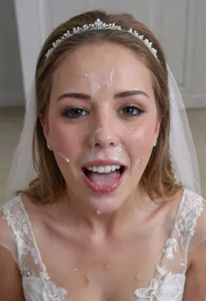 3/4 body shot of happy woman wearing wedding dress with cum on her forehead, facial, <lora:Facials:.5>, open mouth, (cum in mouth:1.3), <lora:JustCum:.5>