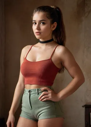 Ultra-realistic fashion portrait, 19-year-old Spanish Hispanic female model, short stature, robust curvy body, slightly chubby figure, beautiful feminine curves, small rounded face, small nose, full lips, warm tanned skin, brown eyes, brown hair in a high ponytail with soft caramel highlights, natural makeup, black choker necklace, red crop top, green mini shorts. Standing pose, hands on waist, body slightly sideways, head gently turned toward camera, subtle smile, powerful confident expression, direct eye contact.

Posing inside an ancient cathedral, dark interior, tall stone walls, only sunlight rays entering through a side window, warm orange light reflecting on her skin and hair, strong contrast between golden sunlight and deep shadows, dramatic chiaroscuro lighting, glowing hair edges from backlight, cinematic atmosphere, realistic skin texture, detailed fabric, shallow depth of field, 85mm lens, HDR, ultra-detailed, photorealistic, high-end fashion photography, 8K., chiaroscuro, style, dim, light, perfect, eyes, skin, blemish, detailed, shallow_dof, detalxl, <lora:polyhedron_chiaroscuro-000005:2>, <lora:detailer-xl:2>, <lora:polyhedron_all_sdxl-000004:2>, <lora:Shallow_Depth_of_Field:2>