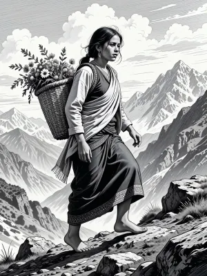 Create a detailed black and white sketch of a young Nepali woman walking along a rugged mountain trail. She is dressed in traditional attire, with a shawl draped over her shoulders, contrasting with the monochrome sketch. The woman carries a woven basket on her back, filled with wildflowers, subtly hinted at in shades of grey. The composition should capture her in mid-stride, with one foot balancing on a rocky outcrop, conveying a sense of motion and determination. The background features majestic, snow-capped peaks under a cloudy sky, lending depth to the scene. Use fine lines and hatching techniques to depict the textures of her clothing and the rough terrain.

Aim for high-quality, to ensure crisp details, particularly in the woman’s facial expression, which should exude a mix of resilience and serenity in this tranquil yet challenging environment.