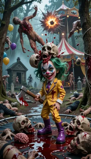 the sadistic insane killer lady clown, tiny, small, little, 5'2" tall, PETITE CLOWN, SKINNY MINI body, has a yellow suit with a purple tie, purple clown boots, bloody old english battle axe, chopping dead bodies apart, heads roll, heads are off zombies, head chopped off zombies, axe is in zombies head, axe is in skull, blood squirting, blood splatters out, at the circus, in a bloody forest, hundreds of dead bodies hang from trees, blood everywhere, multiple bodies are exploding up in sky, bodies everywhere, mutilated corpses everywhere, death everywhere, dead bodies everywhere, bodies splattered everywhere, brains on ground, guts cover a trampoline, bodies splattered on tent poles, graveyard in big tent with dead people climbing out, mass death, massacre, genocide, cemetery, cabin, haunted, clown, fog, abandoned circus, balloon, haunted carousel, horror circus, IN THE BIG TENT, INSANE CLOWN POSSE, WICKED CLOWNS, ICP, VIOLENT J, SHAGGY 2 DOPE, blood river through big tent, claws, fear, dread, <lora:Horror Theme_epoch_8:2>, <lora:BlackHorrorXL:2>, Stable-Yogis-Makeup-Enhancer-XL, goosaphone, green, hair, highlights, <lora:Goosaphone-000008:.8>