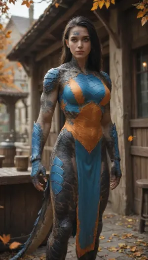 tall, bulky, muscular, dragonic woman, (humanoid face:1.3), (pitch black scales body:1.2), (with radioactive blue stripes:1.2), slit pupils, (orange autumn eyes:1.2), long floating shiny black hair, wearing a dragon themed armor, fantasy universe, tavern