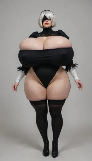 (huge chubby belly pushing on leotard), standing straight, front view, simple background, (((((huge gigantic breasts))))), saggy breasts, powerful stance, hands on sides, nipple bulge, type2b, black_blindfold, black_hairband, black_dress, huge cleavage, A beautiful volumptuous woman with white short hair wearing a black blindfold while she cosplays as Yorha 2b from nier automata, 2b, Yorha 2b, Yorha 2b cosplay, black blindfold covering both eyes, serious mouth, (wide hips), (huge gigantic hips), ((huge ass)), hourglass shape, tight black and white leotard, leotard is doing a wedgie, labia, pussy labia, labia noticeable on leotard, thin leotard, overflowing breasts, feather-trimmed_sleeves, white_hair, <lora:type2B_XL_0_:.8>