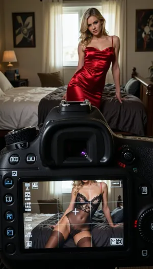 A deeply atmospheric, raw, and highly realistic cinematic photograph. In the immediate foreground, a professional DSLR camera body is positioned, facing toward the room. Its large, glowing rectangular Live View LCD screen is massive, prominent, and highly detailed, showing camera settings, exposure data, a grid overlay, and tiny reflections on the glass. No hands, arms, or photographer are visible in the frame.

The primary camera focus is locked directly on the real-life, physical girl standing across the bedroom, making her real-life body, face, and skin the sharpest, clearest, and most detailed elements in the entire image.

Directly in front of the camera lens, positioned across the cozy, warmly lit bedroom, is the single subject of the photo, a beautiful blonde 24-year-old woman. She is posing candidly, bathed in soft, natural window light. In the physical reality of the bedroom background, she is wearing an incredibly elegant and sexy tight-fitting red silk dress that completely covers her body. Her expression is intensely seductive, alluring, and teasing, with a sultry, playful bedroom eyes gaze looking directly into the camera lens, and by extension, the viewer.

The composition is a complex double portrait of this single woman, her real-life body posing in the background, (perfectly sharp), contrasting with her simultaneous image displayed in high resolution on the large camera’s Live View screen in the foreground. The camera lens is zoomed in and acts as a magnifying X-ray filter, while she is fully dressed in reality, the Live View screen in the foreground displays a magnified, high-resolution medium close-up focused on her torso, revealing her wearing only a delicate transparent black lace bra, and a transparent pantyhose, the live view screen pic is in the same position than the reality. Both in reality and on the screen, her presence is the clear focal point, fully revealed by her pose. The surrounding room fades into deep, warm shadows filled with rich textures of unmade bedding and personal items. Captured with subtle film grain, realistic screen pixels, and the evocative mood of a high-end 35mm film still.