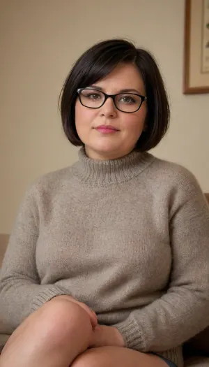 Photorealistic chubby mature brunette woman, mid-40s to 50s, full body view, natural beauty, (mature:1.6), (chubby:1.4), (obese:1.2), (very short black straight haircut:1.4), brown eyes, glasses, authentic appearance, soft facial features, minimal makeup, (wearing only a thick oversized knitted sweater:1.4), wearing only a wool sweater with a large turtleneck, cozy winter atmosphere, warm indoor lighting, sitting on a couch with a blanket, natural chubby mature body proportions, realistic skin texture, detailed wool knit fabric, shallow depth of field, cinematic photography, lifestyle magazine quality, ultra realistic, 85mm lens, high detail, soft bokeh, warm color grading, candid moment, comfortable and approachable, girl-next-door aesthetic, spreading legs wide to masturbate her pussy, inserting a finger in her pussy, (visible very hairy pussy:1.4), (playing with her pussy:1.4), <lora:Beautify-Supermodel-SDXL:1.6>, <lora:brasilGPv1:1.4>
