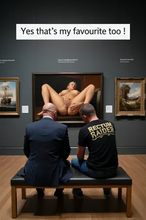 Inside a large art gallery, in one of the display rooms. We see the backs of two men as they sit on the central bench and admire the artworks on the far wall.
One man in a business suit . The other man in jeans and a black tee shirt with the words “RECTUM RAIDER” on it in a fancy font. Both staring at the central painting.

The paintings on the wall are, on the right The Haywain by Constable, on the left The Fighting Tameraire by Turner, in the middle is a very big photographic painting of a big naked blonde woman with massive tits lying backwards facing the viewer with her legs spread and a very detailed hairy pussy exposed, she is holding the pussy lips opened .
Each painting individually lit by a small spotlight above them.

Dark cinematic lighting. Viewed from a high angle.
Both men appear to be masturbating but their position hides the action.
White Text box at top “Yes that’s my favourite too ! “