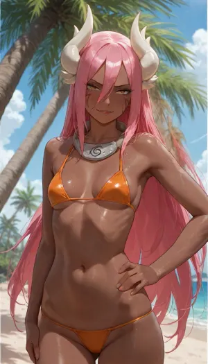 Tayuya, (Naruto), cursed seal form 2, petite body, athletic Body, skinny, Small breasts, long wild spiky hot pink hair, long face-framing side strands, white horns, sharp golden-hazel eyes, dark brown skin, fierce aggressive smirk, slender jawline, anime style, on the beach, blue Sky, under Palm tree, sun bathing, Standing, orange bikini, legs visible, annoyed Look, tsundere