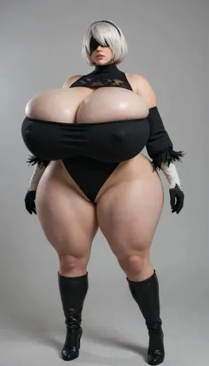 A beautiful volumptuous woman with white short hair wearing a black blindfold while she cosplays as Yorha 2b from nier automata, 2b, Yorha 2b, Yorha 2b cosplay, black blindfold covering both eyes, serious mouth, (wide hips), (huge gigantic hips), ((huge ass)), hourglass shape, tight black and white leotard, leotard is doing a wedgie, labia, pussy labia, labia noticeable on leotard, thin leotard, overflowing breasts, (huge chubby belly pushing on leotard), standing straight, front view, simple background, (3/4 view), ((((huge gigantic breasts)))), saggy breasts, powerful stance, hands on sides, nipple bulge, type2b, black_blindfold, black_hairband, black_dress, huge cleavage_cutout, feather-trimmed_sleeves, white_hair, <lora:type2B_XL_0_:.8>