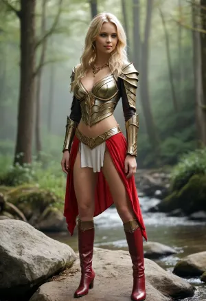 (((Stunning warrior princess. 30 years old. blonde hair. Red leather clothing. with beautiful very long legs, wearing only an elfic skirt, and a little elfic armour, with spreaded legs, on a Rock, near a little creek, campfire, forest, medium bell shaped breasts, bare breasts, topless, luxury golden elfic necklace, elfic earrings))), campfire, (((campfire))), (((topless))), (((bare breasts))), ((extreme beautiful cleavage)), (happy:1.8), (smiling at viewer:1.8), erect nipples, gorgeous, desirable, pleasing, (((wearing only an elfic skirt))), (((elfic skirt has a luxury golden belt))), athletic body, ((small waist)), ((small tight ass)), ((small tight hips)), (((Full body view))), Seductive pose, fantasy mystical setting, Brown eyes, beautiful slender long legs, (((tigh high, elfic armour boots:1.8))), good hands, perfect fingers, extremely high detailed, (best shadow), 8K, UHD, (cinematic lighting), perfect face, very detailed nose, sexy, (highly detailed lips:1.18), (highly detailed eyes:1.18), ((beautiful eyes)), fine details, skin pores, ((Very detailed face)), erotic photography, (photorealistic:1.5), (masterpiece:1.2), (perfect fingers:1.2), tack sharp, mist, cloud, dark, 32k super high quality, ultra realistic, <lora:Adjust_SDXL_v3.0:1>, <lora:MJ52:.8>, <lora:Portrait_perfection:.8>, bright, blue, eyes, <lora:bright_blue_eyes:.8>