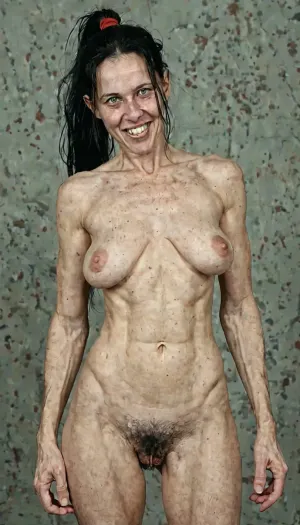 She is in her mid-50s, fair complexion, very hairy, (with old, wrinkled skin:.3), . Long, dyed black hair, unkempt and tied in a ponytail. Large, bad teeth, thin upper lip, a wide, hooked nose, narrow shoulders, saggy breasts that hang very low. Saggy stomach, wide hips. A very large, ugly vulva, saggy old vulva, very large, hard clitoris.