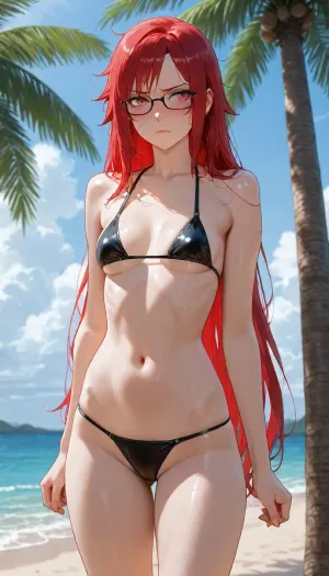 Karin, (Naruto), petite body, athletic Body, skinny, Small breasts, hip-long hair, vibrant cherry-red hair, asymmetrical haircut, messy spiky hair on the right side, straight chin-length hair on the left side, striking reddish-pink eyes, sharp facial features, pale skin, rectangular eyeglasses with dark frames, on the beach, blue Sky, under Palm tree, sun bathing, Standing, bikini, legs visible, blushing, tsundere
