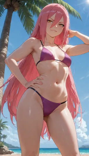 Tayuya, (Naruto), petite body, athletic Body, skinny, Small breasts, long wild spiky hot pink hair, messy straight-cut bangs, long face-framing side strands, sharp golden-hazel eyes, fierce aggressive smirk, slender jawline, anime style, on the beach, blue Sky, under Palm tree, sun bathing, Standing, orange bikini, legs visible, annoyed Look, tsundere