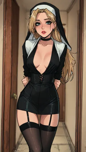 (1 girl solo), ((1 girl)), blonde with a model appearance, long hair ponytail, (big lips), ((Insanely hot skinny college student)), (athletic body:1), (hourglass body:1.3), (skinny), (black micro skirt), (hip gap:1.3), (narrow waist:1.5), (erected nipples:1), ((hands tied behind back)), ((perky medium tits)), crying, (horny face), (black choker), (plunging neckline), ((black stockings)), garter belt, long legs, Dressed like a nun, ((black makeup)), ((Melkor mancin meet markgavatino style)), reiq style, ratatatat74, SamDoesArts, <lora:LCMTurboMix_Euler_A_fix:1.1>, <lora:ratatatat74-000050:1.8>, <lora:mk_Bp Anime_xl:1.2>, <lora:焦茶_XL:2>, <lora:SDXLSamDoesArts:1.6>