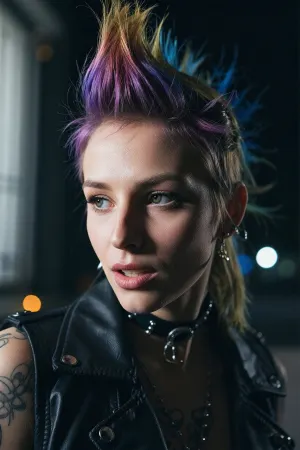 (avant-garde snapshot aesthetic, deep saturation, shadowy vignetting, light leaks, film grain, bokeh, night:1.4), vibrant punk rock hair, vintage analog lens