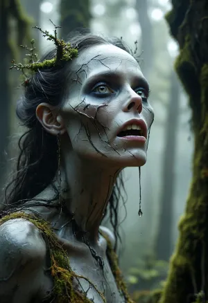(Dark Cursed Fantasy Artwork), (smooth rendering and vibrant colors), outdoor, artistic, low angle, a 100-yo cursed forest hag emerges from a curtain of thick hanging moss, her form is a grotesque fusion of anatomy and nature, her skin resembling cracked gray bark from which tiny mushrooms sprout, she wears a garment of living cobwebs and dried peat, her face is a map of ancient malice, eyes like swirling mists, teeth of polished obsidian, slender gray-skinned claws clutch a staff of blackened rowan wood topped by an ancient skull, in the background a mist-shrouded primeval forest stretches out, ghostly dust-filled shafts of light, /KlTTY-ART/, <lora:MJ52:1>