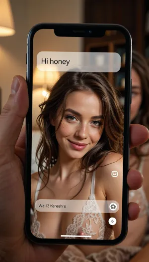 A highly detailed, realistic, and atmospheric close-up photograph focusing on the screen of a modern smartphone held in someone's hand. The phone's screen is in sharp, crisp focus, capturing the glowing digital interface of a messaging app. Overlaying the image on the screen is a typed text bubble that reads "Hi honey" in a clean, soft digital font.

Displayed on the phone's screen is a freshly taken, intimate self-portrait, (selfie), of a beautiful 25-year-old woman. She has delicate, classical facial features, a soft, warm complexion with faint freckles across her nose, and a captivating, playful smile. Her expressive, warm hazel eyes are looking directly into her phone's camera with a gaze full of affection. Herginger hair hair is effortlessly tousled, falling in loose, natural waves around her face and shoulders. She is posing, wearing exquisite, intricate transparent lace lingerie that beautifully complements her skin tone, detailing the fine textures of the lace straps across her shoulders and collarbones. The bedroom behind her in the selfie is bathed in a warm, soft, golden light, casting gentle shadows and creating a cozy, intimate atmosphere.

The hand holding the physical phone, as well as the background of the main photo, are softly blurred with a shallow depth of field, (bokeh), ensuring the viewer's eye is drawn entirely to the vivid, glowing screen, the incredibly detailed selfie, and the sweet text message. The overall shot features the subtle grain, realistic screen reflections, and cinematic mood of a professional lifestyle photograph.