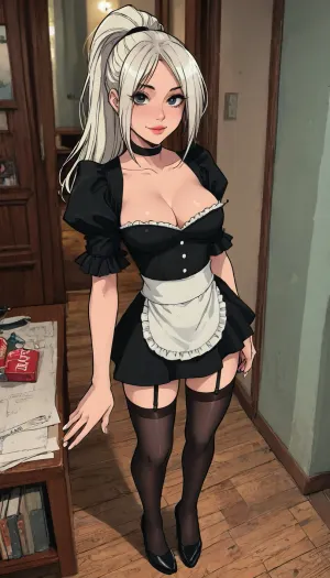 (1 girl solo), ((1 girl)), white hair, long hair ponytail, (big lips), ((Insanely hot skinny college student)), (slight smile), (black high platform high-heels), (clubfoot:1.3), (athletic body:1), (black micro skirt), (hip gap:1.3), (narrow waist:1.5), (erected nipples:1), ((perky medium tits)), (horny face), (black choker), (cleavage), (view from above:1.1), ((black stockings)), garter belt, long legs, (maid outfit), (Dressed like a maid), ((Melkor mancin meet markgavatino style)), reiq style, ratatatat74, SamDoesArts, <lora:LCMTurboMix_Euler_A_fix:1.1>, <lora:ratatatat74-000050:1.8>, <lora:mk_Bp Anime_xl:1.2>, <lora:焦茶_XL:2>, <lora:SDXLSamDoesArts:1.6>