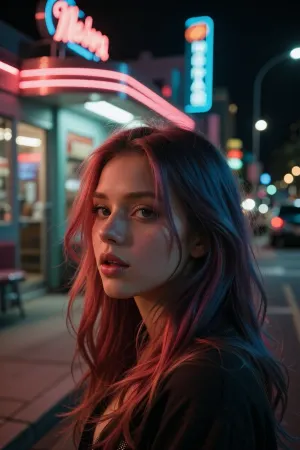(avant-garde snapshot aesthetic, deep saturation, shadowy vignetting, light leaks, film grain, bokeh, night:2), (close-up portrait, layered composition), vibrant hair, scene-girl esthetic, vintage analog lens, nighttime city street scene outside of a retro diner