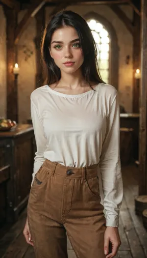 score_8_up, score_7_up, dynamic angle, 22 years old, black hair, green eyes, detailed face, realistic, shinny skin, (blush), open eyes, skinny girl, white shirt, brown pants, standing, cinematic lighting, blurry background, dark background, medieval room, at night, <lora:style61-a31-000015:.8>