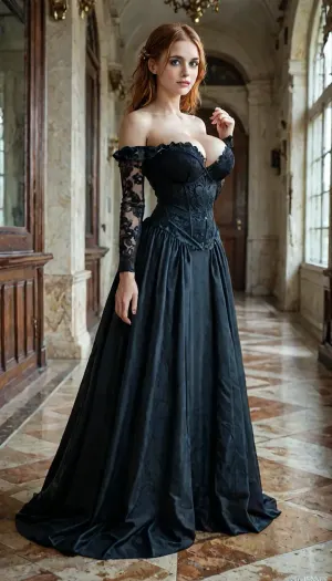 Super realistic 8k style, score_9, score_8_up, score_7_up, sexy maid, black maid dress, luxury palace indoors, A hyper-realistic full body photograph of a stunning, front view, (gorgeous:1.3), breathtakingly beautiful natural redhead woman, with long red hair, bright blue eyes, siren eyes, pleasure eyes, doe eyes, northern european features, (nose:1.3), sexy, pretty, glamourous, long eyelashes, (pale skin:1.2), freckles across the bridge of her nose and on her chest, She has a hyper-sexual appearance, (large breasts:1.3), (high-profile spherical implants:1.3), very round overfilled silicone, full body view, <lora:detailed_notrigger:2>, <lora:add-detail-xl:.8>, <lora:LCMTurboMix_Euler_A_fix:1>, <lora:lactation_XL_0_:.8>