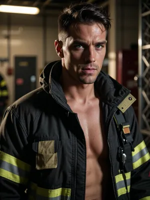 hyper-realistic professional photography portrait of a handsome, muscular, rugged firefighter in an urban fire station. He has intense, piercing eyes, a confident look, and light soot on his chiseled face. He is wearing a tactical firefighter jacket with reflective stripes, slightly unzipped, showing a hint of a strong physique. Dramatic, moody cinematic lighting, golden rim light, and soft bokeh. 8k resolution, photorealistic, shot on 85mm lens, f/1.8, highly detailed skin texture, raw photo style.