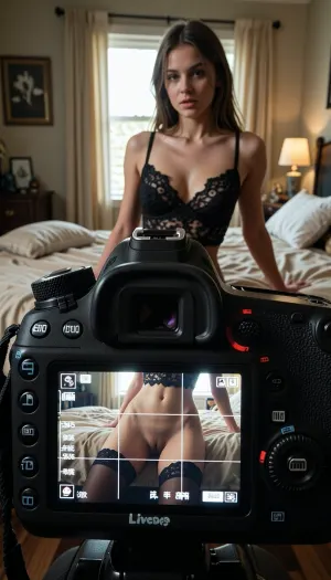 A deeply atmospheric, raw, and highly realistic cinematic photograph. In the immediate foreground, a professional DSLR camera body is positioned, facing toward the room. Its large, glowing rectangular Live View LCD screen is massive, prominent, and highly detailed, showing camera settings, exposure data, a grid overlay, and tiny reflections on the glass. No hands, arms, or photographer are visible in the frame.

The primary camera focus is locked directly on the real-life, physical girl standing across the bedroom, making her real-life body, face, and skin the sharpest, clearest, and most detailed elements in the entire image.

Directly in front of the camera lens, positioned across the cozy, warmly lit bedroom, is the single subject of the photo, a beautiful 24-year-old woman. The composition allows for any framing of her, ranging freely from a tight, intimate portrait to a full-length shot. She is posing candidly, bathed in soft, natural window light. In the physical reality of the bedroom background, she is wearing an intricate black lace bra that beautifully, clearly, and explicitly reveals her bare breasts and her graceful figure. Her expression is intensely seductive, alluring, and teasing, with a sultry, playful bedroom eyes gaze looking directly into the camera lens, and by extension, the viewer.

The composition is a complex double portrait of this single woman, her real-life perfect body posing in the background, contrasting with her simultaneous image displayed in high resolution on the large camera’s Live View screen in the foreground. The camera lens is magnifizing her lower anatomy, as a result, while her real-life upper body rises above the camera, the Live View screen displays a close-up zoom of her hips and legs, wearing only tighs, with absolutely nothing else underneath. Both in reality and on the screen, her anatomy is the clear focal point, fully revealed by her pose. The surrounding room fades into deep, warm shadows filled with rich textures of unmade bedding and personal items. Captured with subtle film grain, realistic screen pixels, and the evocative mood of a high-end 35mm film still.