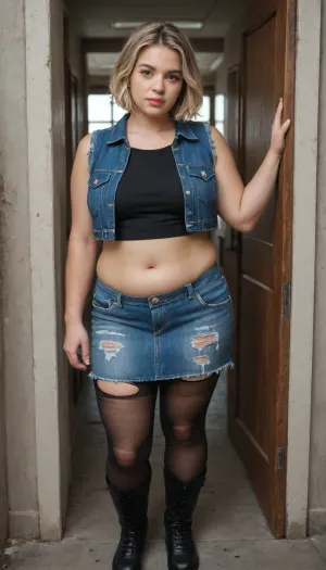 A stunning young East Asian very fat obese woman with short blonde bob haircut with dark roots, sharp dark brown almond-shaped eyes, delicate East Asian facial features, high cheekbones, fair skin, intense and confident expression looking directly at the viewer.She stands in a powerful stance in an industrial doorway, left hand gripping the metal door frame, legs apart. Wearing a blue denim cropped vest over a black top and striped long-sleeve shirt, distressed ripped denim mini skirt, heavily torn black tights with large holes, and brown knee-high leather boots with buckles.Background, abandoned industrial building with large bright windows behind her, wet concrete floor, cool natural daylight creating strong contrast and subtle rim lighting. Ultra realistic skin texture, detailed fabric textures on denim and torn tights, realistic hair strands
