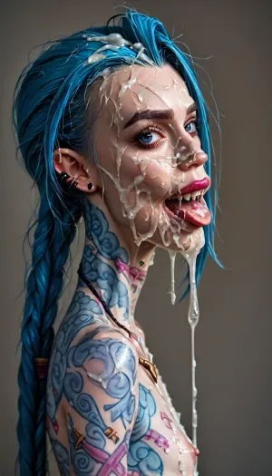 (from side, extreme close-up, headshot, face fills frame, tightly cropped portrait, only head visible, looking at viewer, centered composition:1.3), Adult female pornactress, hooker whore, (Ultra skinny slut, cum covered, full body Tattooed:1.14), Jinx, (League Of Legends), very long fingernails, fake nails, long eyelashes, big penis, excessive deep throat, female ejaculation, colossal long blue hair, blue eyes, cum, 1girl, breasts, fellatio, deep throat oral, penis, 1boy, hetero, nipples, hyper long blue hair, nude, braid, extremely long hair, cum in mouth, testicles, completely nude, ahegao, small breasts, tongue, tongue out, long braid, from side, close-upp Portrait, solo focus, collarbone, mosaic censoring, nail polish, indoors, deepthroat, saliva, cum on breasts, sweat, braided ponytail