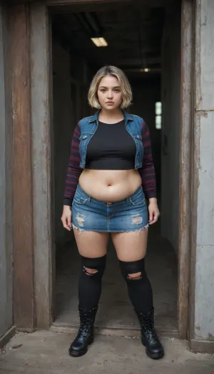 A stunning young East Asian very fat obese woman with short blonde bob haircut with dark roots, sharp dark brown almond-shaped eyes, delicate East Asian facial features, high cheekbones, fair skin, intense and confident expression looking directly at the viewer.She stands in a powerful stance in an industrial doorway, left hand gripping the metal door frame, legs apart. Wearing a blue denim cropped vest over a black top and striped long-sleeve shirt, distressed ripped denim mini skirt, heavily torn black tights with large holes, and brown knee-high leather boots with buckles.Background, abandoned industrial building with large bright windows behind her, wet concrete floor, cool natural daylight creating strong contrast and subtle rim lighting. Ultra realistic skin texture, detailed fabric textures on denim and torn tights, realistic hair strands