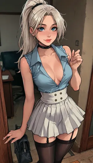 (1 girl solo), ((1 girl)), white hair, long hair ponytail, (big lips), ((Insanely hot skinny college student)), (sexy abs:1.2), (slight smile), (white sneakers), (clubfoot:1.3), (athletic body:1), ((white pleated micro skirt)), (hip gap:1.4), (narrow waist:1.5), (erected nipples:1.1), ((perky medium tits)), (horny face), (black choker), (cleavage), (view from above:1.1), ((black stockings)), garter belt, long legs, (student outfit), (Dressed like a student), ((Melkor mancin meet markgavatino style)), reiq style, ratatatat74, SamDoesArts, <lora:LCMTurboMix_Euler_A_fix:1.1>, <lora:ratatatat74-000050:1.8>, <lora:mk_Bp Anime_xl:1.2>, <lora:焦茶_XL:2>, <lora:SDXLSamDoesArts:1.6>