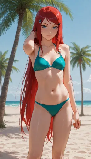 Kushina Uzumaki, (Naruto), petite body, athletic Body, skinny, Small breasts, extremely long hair, vibrant red hair, single violet hairpin, dark-blue eyes, gentle facial features, fair skin, smiling sweetly, on the beach, blue Sky, under Palm tree, sun bathing, Standing, teal bikini, legs visible