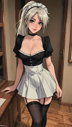 (1 girl solo), ((1 girl)), white hair, long hair ponytail, (big lips), ((Insanely hot skinny college student)), (slight smile), (black high platform high-heels), (clubfoot:1.3), (athletic body:1), (white pleated micro skirt), (hip gap:1.3), (narrow waist:1.5), (erected nipples:1), ((perky medium tits)), (horny face), (black choker), (cleavage), (view from above:1.1), ((black stockings)), garter belt, long legs, (maid outfit), (Dressed like a maid), ((Melkor mancin meet markgavatino style)), reiq style, ratatatat74, SamDoesArts, <lora:LCMTurboMix_Euler_A_fix:1.1>, <lora:ratatatat74-000050:1.8>, <lora:mk_Bp Anime_xl:1.2>, <lora:焦茶_XL:2>, <lora:SDXLSamDoesArts:1.6>