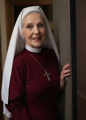 (raw), (candid), (((extremely elderly 80 years old nun))), (large breasts), thin, slim, curvy, modest closed fully covering skin-tight conservative burgundy nun dress, in a confessional, alone, midnight, horny, kinky, (close-up:1.2), (secret affair:1.9), very confident lovely smile, amorous, lipstick, (goth makeup), exposing her tits