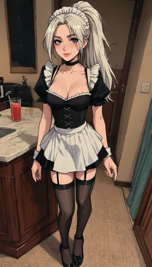 (1 girl solo), ((1 girl)), white hair, long hair ponytail, (big lips), ((Insanely hot skinny college student)), (slight smile), (black high platform high-heels), (clubfoot:1.3), (athletic body:1), (white pleated micro skirt), (hip gap:1.3), (narrow waist:1.5), (erected nipples:1), ((perky medium tits)), (horny face), (black choker), (cleavage), (view from above:1.1), ((black stockings)), garter belt, long legs, (maid outfit), (Dressed like a maid), ((Melkor mancin meet markgavatino style)), reiq style, ratatatat74, SamDoesArts, <lora:LCMTurboMix_Euler_A_fix:1.1>, <lora:ratatatat74-000050:1.8>, <lora:mk_Bp Anime_xl:1.2>, <lora:焦茶_XL:2>, <lora:SDXLSamDoesArts:1.6>