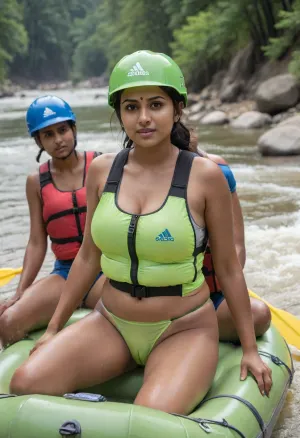 25 years old young beautiful shy indian bengali woman perfect curvy figure, prominent face, hanging large boobs, heavily sweating wet glistening oil covered sweating wet glistening body, wearing a shiny glistening safety vest and a neon green colour soft tiny tight skintight fully transparent Addidas thong from which her cameltoe is prominent and a safety helmet, with a group of old men, sitting in a rubber rafting boat, river rafting, in a crowded camp site beside a Mountain river among a group of Old Indian male gentleman, the old men op her, cameltoe, <lora:cameltoe XL:.8>, standing among the people, full body portrait, among a group of people side back view, partial ass view, sitting in a river rafting boat among the group in a mountain river, river rafting in a rapid wave river, wearing a safety vest, paddling the boat with a perfect realistic paddle