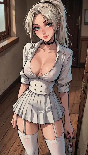 (1 girl solo), ((1 girl)), white hair, long hair ponytail, (big lips), ((Insanely hot skinny college student)), (sexy abs:1.2), (slight smile), (white sneakers), (clubfoot:1.3), (athletic body:1), ((white pleated micro skirt)), (hip gap:1.4), (narrow waist:1.5), (erected nipples:1.1), ((perky medium tits)), (horny face), (black choker), (cleavage), (view from above:1.1), ((white thigh-high socks)), garter belt, long legs, (white works shirt), (student outfit), (Dressed like a student), ((Melkor mancin meet markgavatino style)), reiq style, ratatatat74, SamDoesArts, <lora:LCMTurboMix_Euler_A_fix:1.1>, <lora:ratatatat74-000050:1.8>, <lora:mk_Bp Anime_xl:1.2>, <lora:焦茶_XL:2>, <lora:SDXLSamDoesArts:1.6>