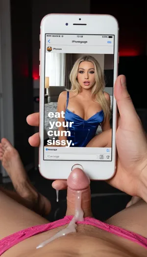 A highly realistic smartphone photo taken from the caucasian cuckold husband's POV in a modern luxury hotel bedroom. Foreground, (close to camera, slightly out of focus), The sissy husband's hand and his extremely tiny micro flaccid penis, (very small, soft, pink shriveled sissy clit), his stomach is visible, his foot is visible, He is pathetically masturbating his tiny soft penis with his fingers, clearly visible in the foreground, cum jerk off, cum dripping on the stomach of caucasian husband., ((Caucasian Husband is wearing pink short lace thong)), .

Background, (pic showed off only on the screen of white man's cellphone:1.8), (visible hand of white man), dark room background back the cellphone, (The background behind the cellphone is dark room with red light), ., (The background behind the photo on the cellphone is motel bedroom with natural lighting), .

On the screen of cellphone, 24-year-old blond curvy girl, medium natural tits, Instagram makeup, makeup on eyes of girl, she wear sexy blue satin lingerie, black mascara from her eyes, wide eyed, Message Phone is written in the middle of cellphone with IPhone message apparence with this strictly big letters "eat your cum sissy".